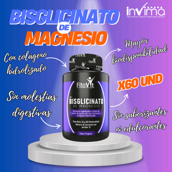 Bisglicinato de Magnesio Fitovit – Tabletas Masticables con Cúrcuma y Colágeno para Sueño, Energía y Belleza | x60 Und
